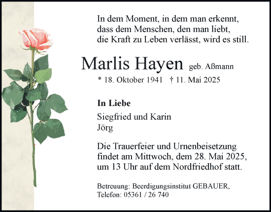 Traueranzeige von Marlis Hayen 
