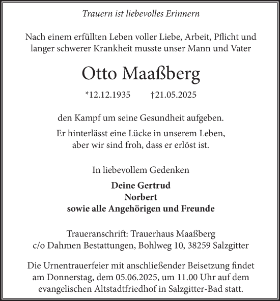 Traueranzeige von Otto Maaßberg von Salzgitter-Zeitung