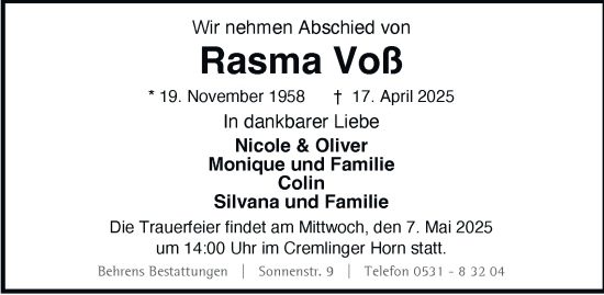 Traueranzeige von Rasma Voß 