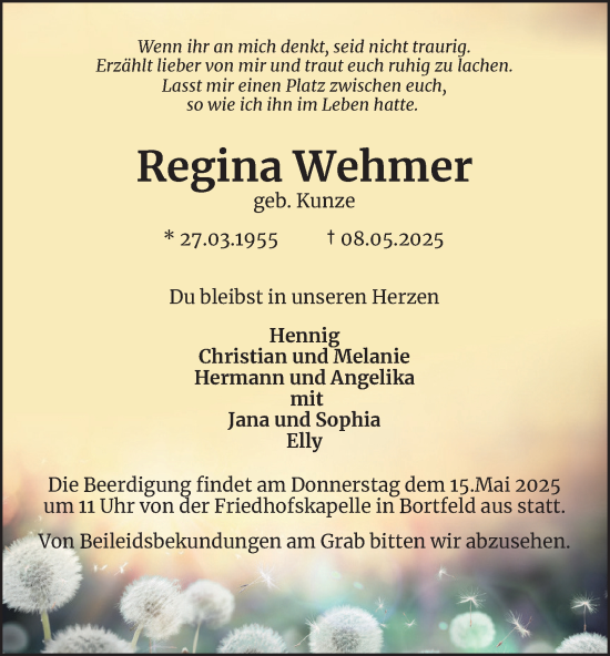 Traueranzeige von Regina Wehmer von Peiner Nachrichten
