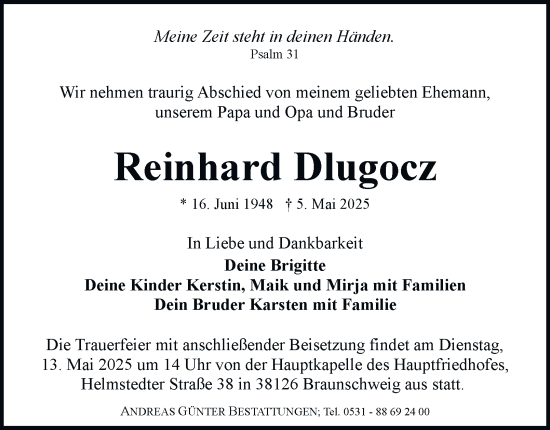 Traueranzeige von Reinhard Dlugocz 