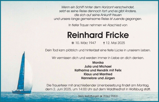 Traueranzeige von Reinhard Fricke 