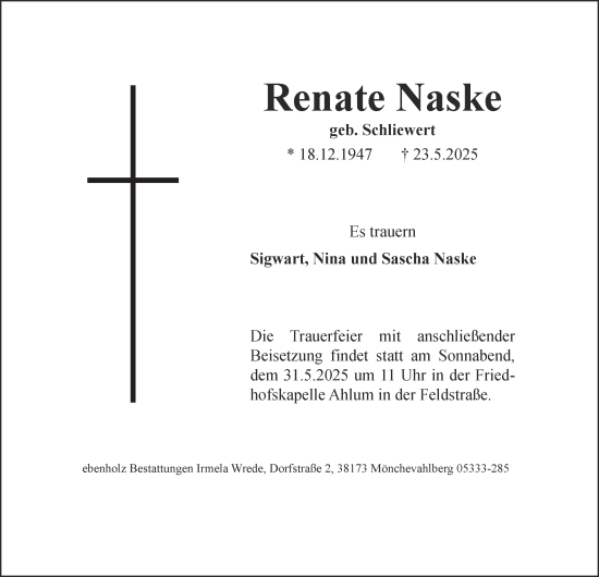 Traueranzeige von Renate Naske von Wolfenbütteler Zeitung