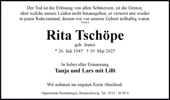 Traueranzeige von Rita Tschöpe 