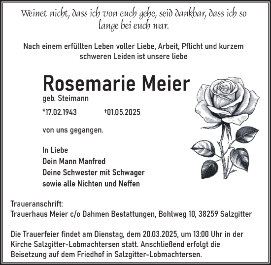 Traueranzeige von Rosemarie Meier von Salzgitter-Zeitung