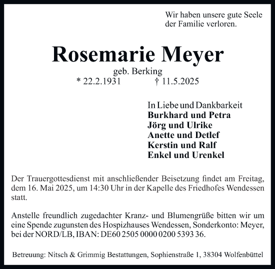 Traueranzeige von Rosemarie Meyer von Wolfenbütteler Zeitung