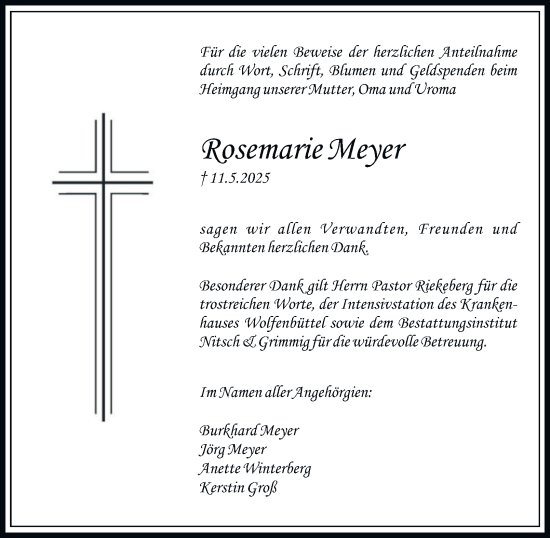 Traueranzeige von Rosemarie Meyer von Wolfenbütteler Zeitung