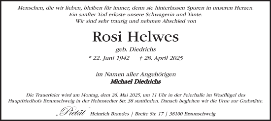 Traueranzeige von Rosi Helwes 
