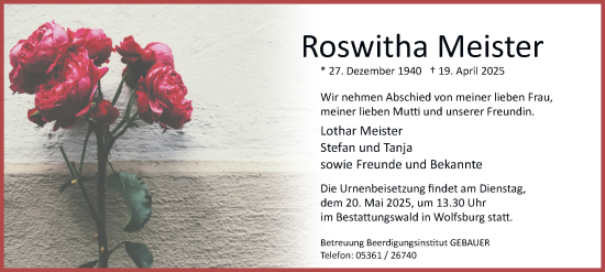 Traueranzeige von Roswitha Meister 