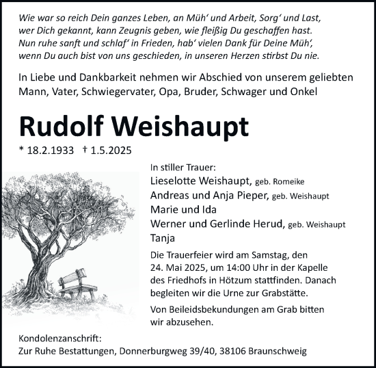 Traueranzeige von Rudolf Weishaupt 