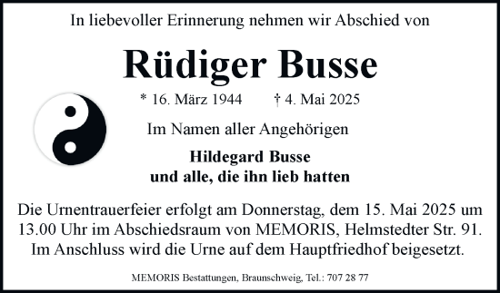 Traueranzeige von Rüdiger Busse 