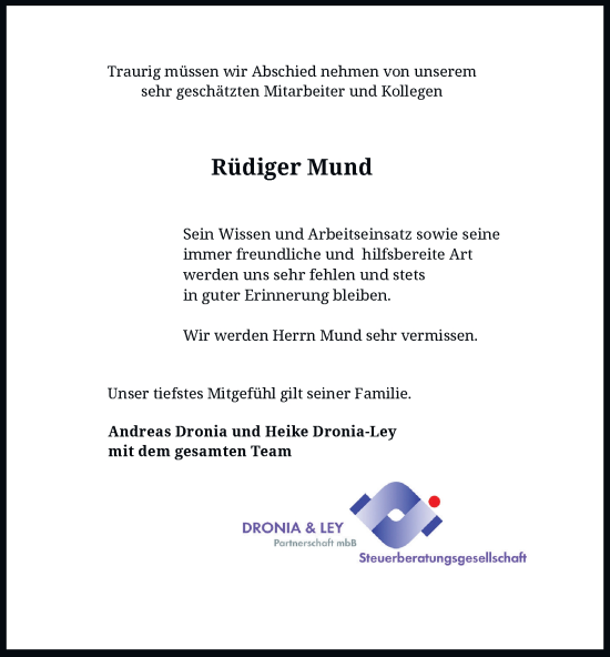 Traueranzeige von Rüdiger Mund 