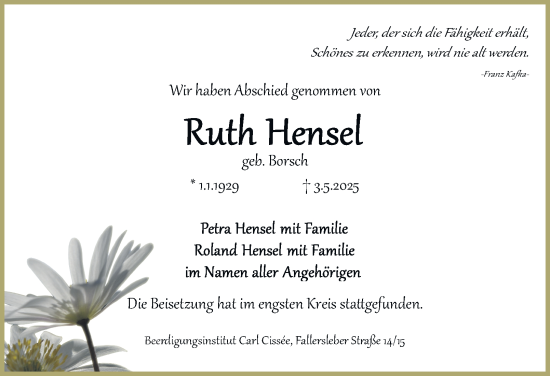 Traueranzeige von Ruth Hensel 