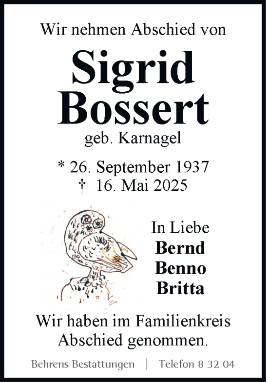 Traueranzeige von Sigrid Bossert 