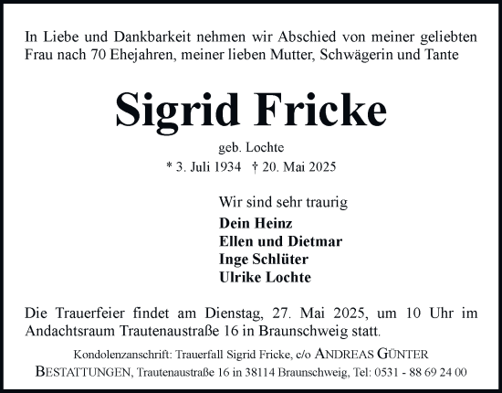 Traueranzeige von Sigrid Fricke 