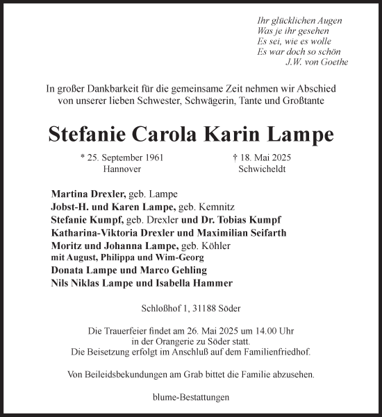Traueranzeige von Stefanie Carola Karin Lampe von Peiner Nachrichten