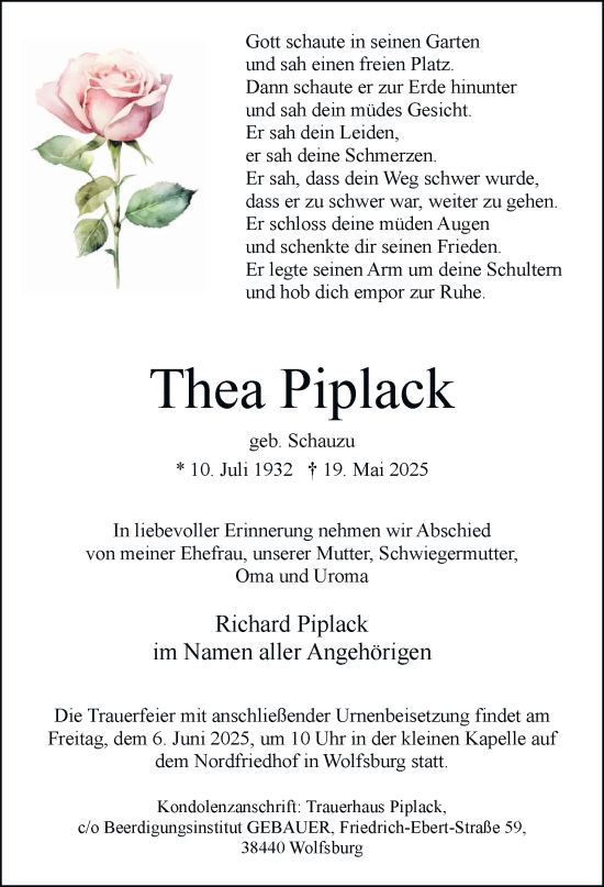 Traueranzeige von Thea Piplack 