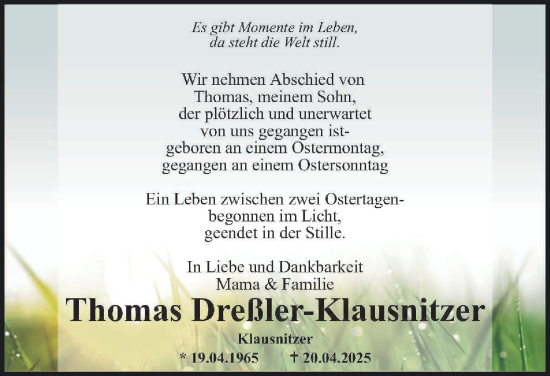 Traueranzeige von Thomas Drebler-Klausnitzer 