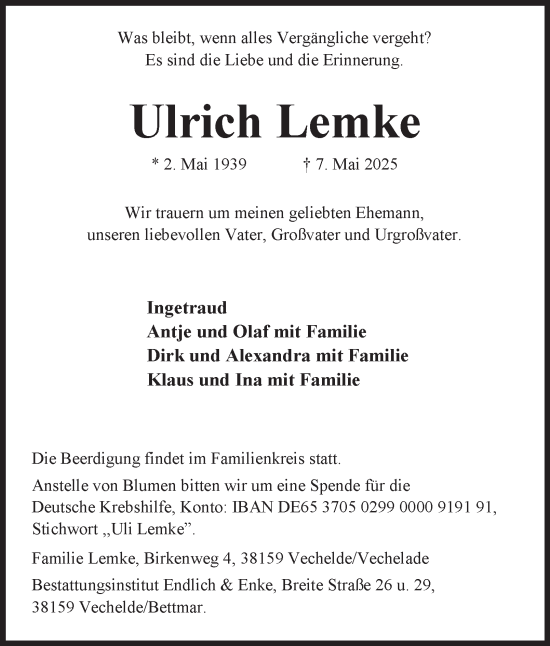 Traueranzeige von Ulrich Lemke 