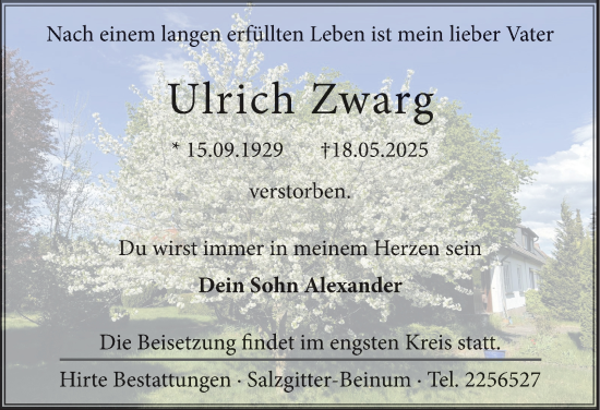 Traueranzeige von Ulrich Zwarg von Salzgitter-Zeitung