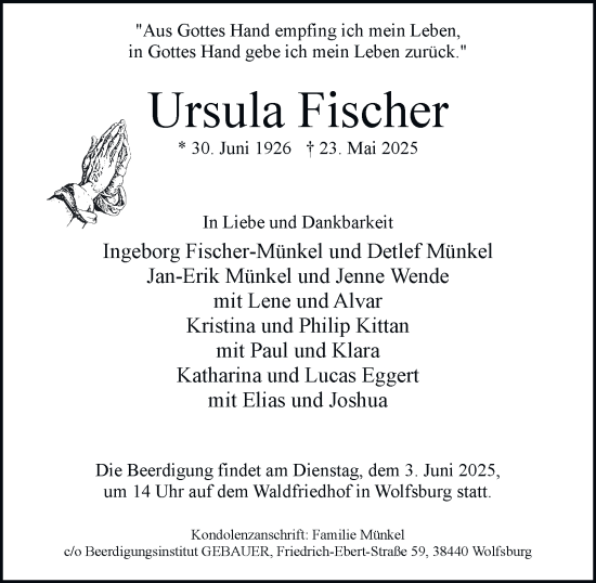 Traueranzeige von Ursula Fischer 