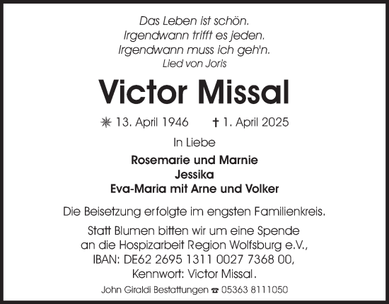 Traueranzeige von Victor Missal 