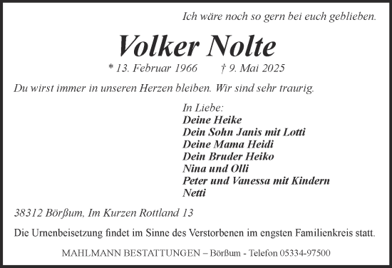 Traueranzeige von Volker Nolte von Salzgitter-Zeitung