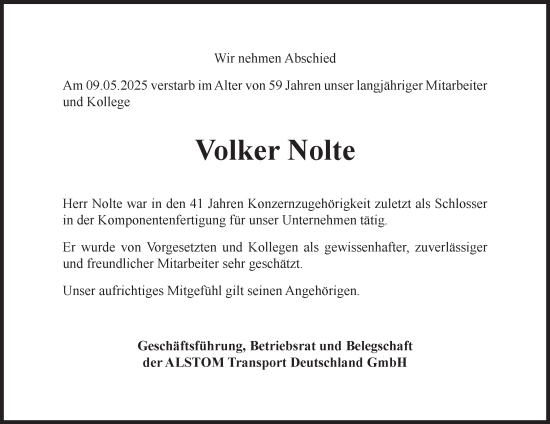 Traueranzeige von Volker Nolte von Salzgitter-Zeitung, Wolfenbütteler Zeitung