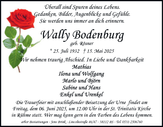 Traueranzeige von Wally Bodenburg 