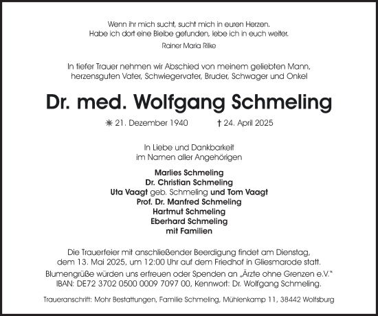 Traueranzeige von Wolfgang Schmeling 