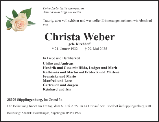 Traueranzeige von Christa Weber von Helmstedter Nachrichten