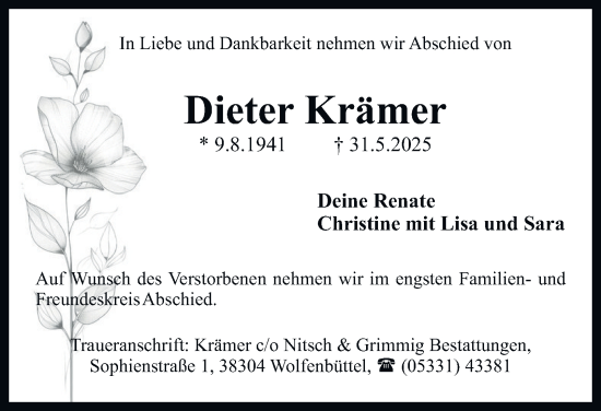 Traueranzeige von Dieter Krämer von Wolfenbütteler Zeitung