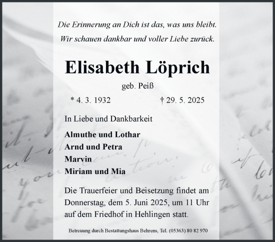 Traueranzeige von Elisabeth Löprich 