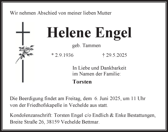 Traueranzeige von Helene Engel von Peiner Nachrichten