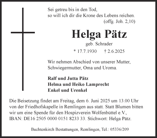 Traueranzeige von Helga Pätz von Wolfenbütteler Zeitung