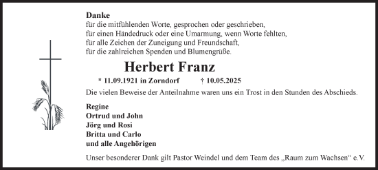 Traueranzeige von Herbert Franz 