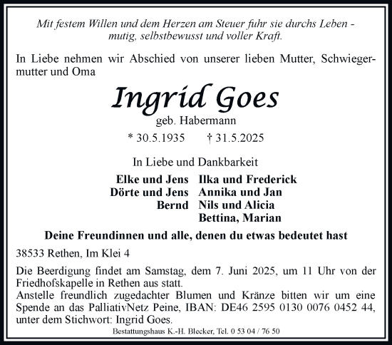 Traueranzeige von Ingrid Goes 