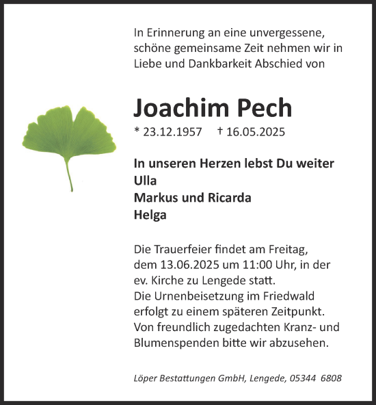 Traueranzeige von Joachim Pech von Peiner Nachrichten