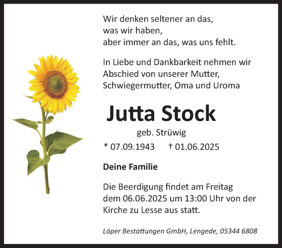 Traueranzeige von Jutta Stock von Salzgitter-Zeitung