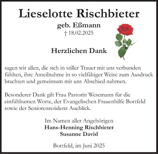 Traueranzeige von Lieselotte Rischbieter von Peiner Nachrichten
