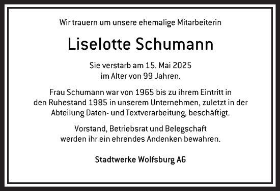 Traueranzeige von Liselotte Schumann 