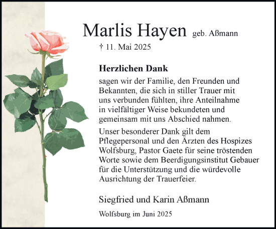 Traueranzeige von Marlis Hayen 