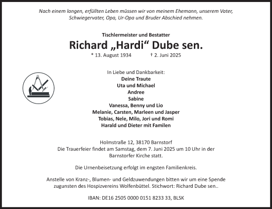Traueranzeige von Richard Dube von Helmstedter Nachrichten, Wolfenbütteler Zeitung