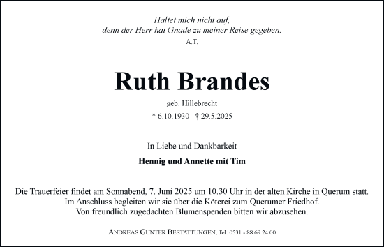 Traueranzeige von Ruth Brandes 