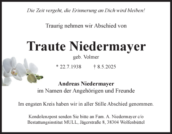 Traueranzeige von Traute Niedermayer von Wolfenbütteler Zeitung