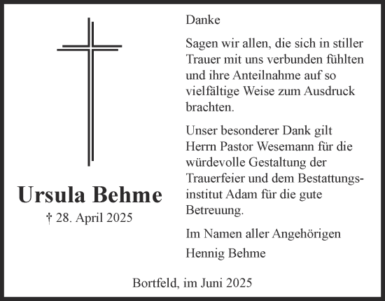 Traueranzeige von Ursula Behme von Peiner Nachrichten