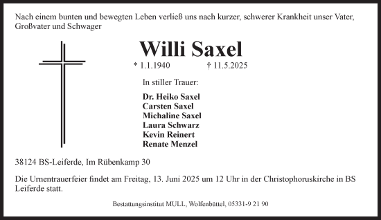 Traueranzeige von Willi Saxel 