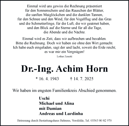Traueranzeige von Achim Horn 