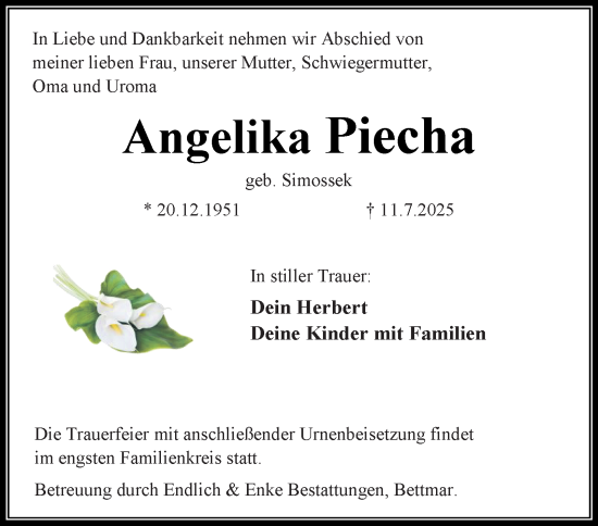 Traueranzeige von Angelika Piecha von Peiner Nachrichten