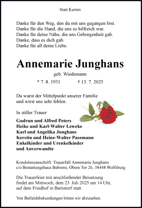 Traueranzeige von Annemarie Junghans 